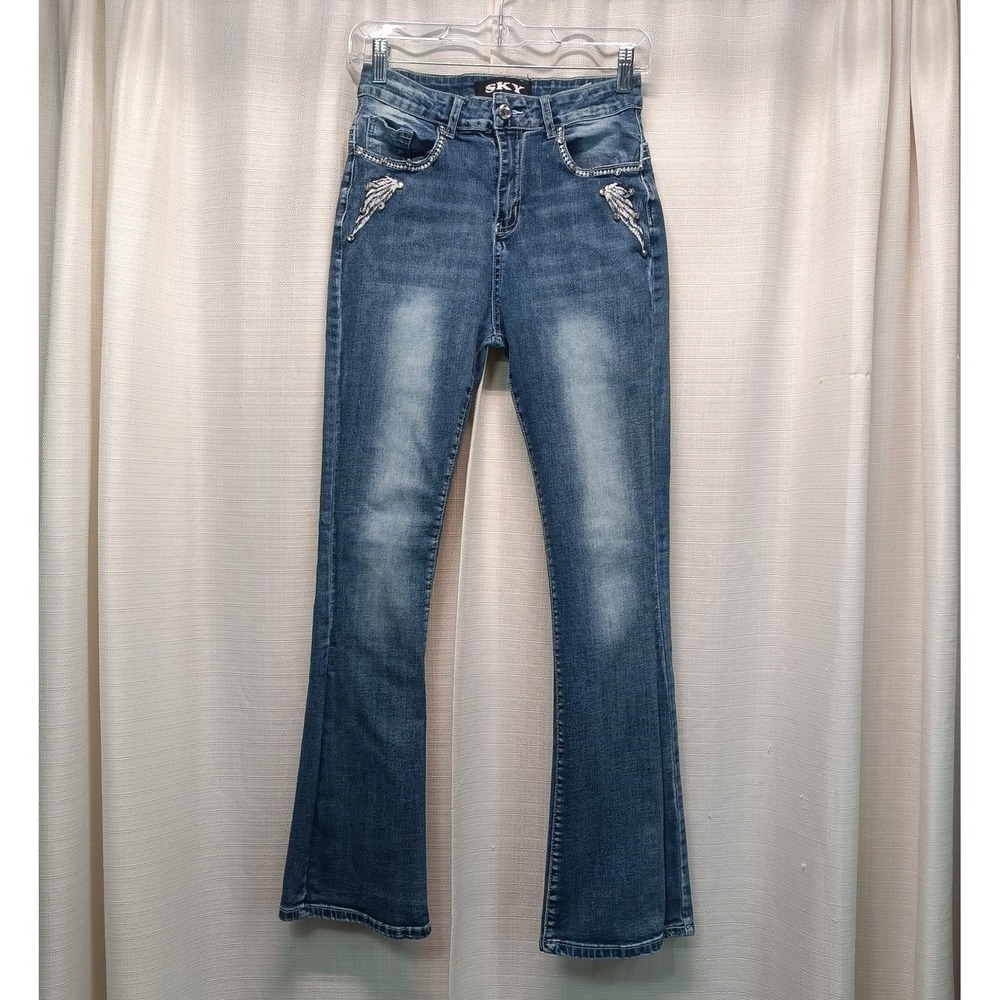 Sky Premium Collection Girls Blue Flare Jeans Skull Wing Rhinestone Studded 11
